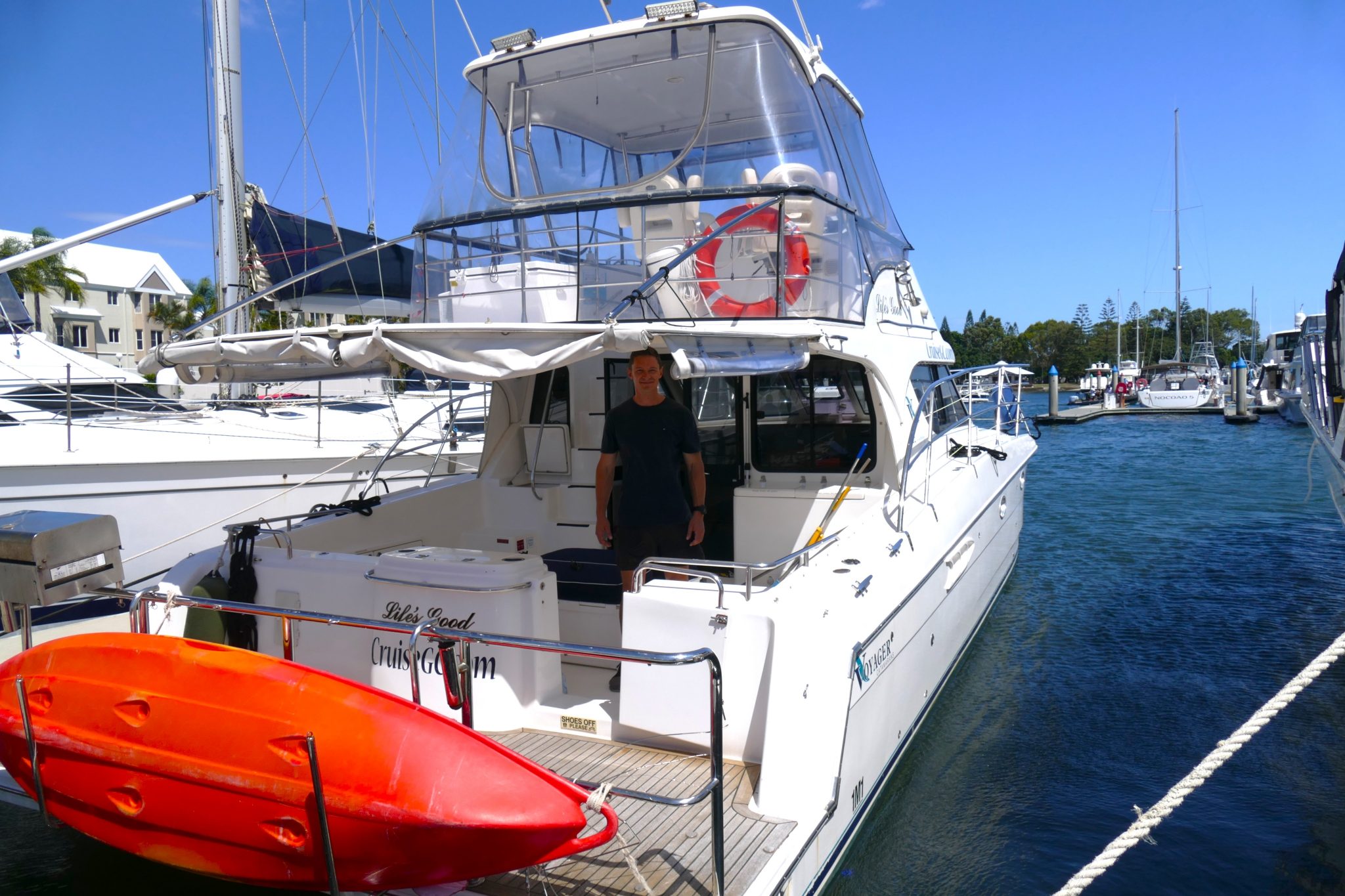 Life's Good, a 40ft powered catamaran, ready at the marina